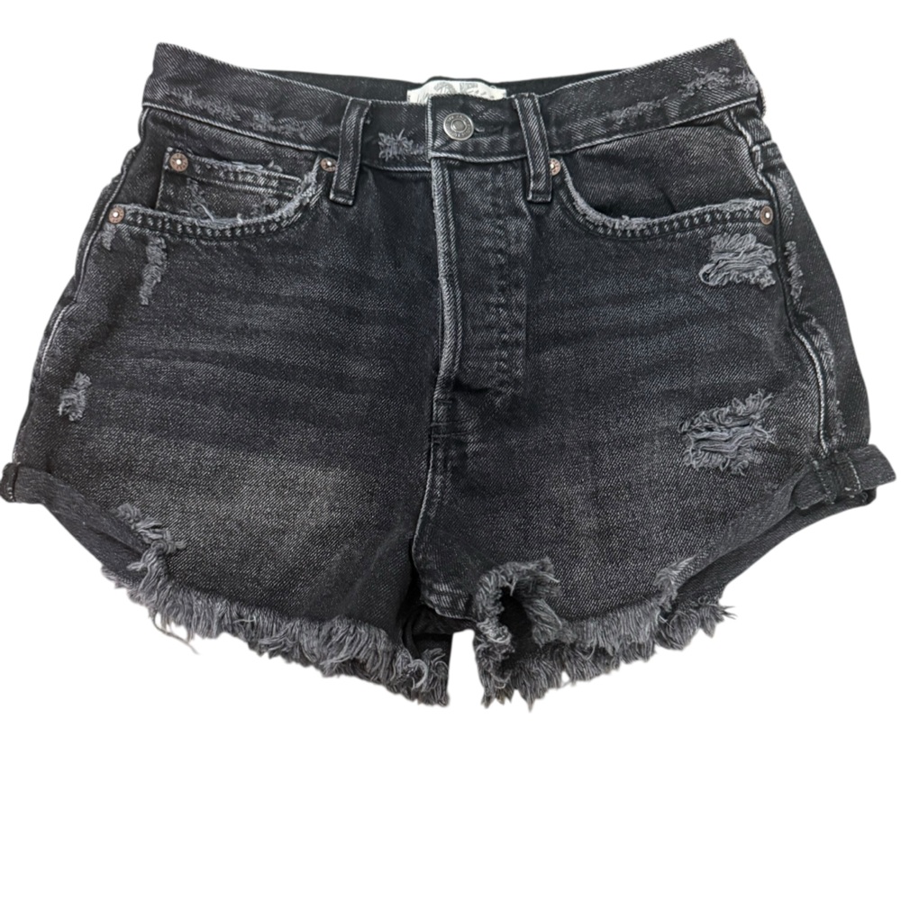 Free People Lasso High Rise Black Wash Raw Hem Distressed Denim Shorts Size 25 - Picture 9 of 15